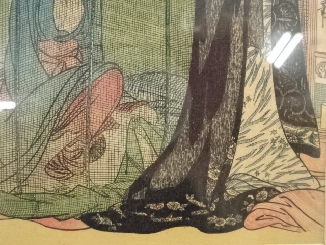 道具 ] - 道具 喜多川歌麿 婦人泊り客之図（三枚続の右） 手摺木版画